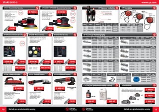 10 Nářadí pro profesionální servisy
STARS 2017-2
CP7268 Lineární bruska
- Ideální pro velké plochy
- Rozměr brusné plochy 70x445 mm
- Otáčky 5000 ot / min
- Spotřeba vzduchu 4 l / s
- Průměr hadice 10 mm
- Hmotnost 2,75 kg
420 mm
8941072680
5 590 Kč
8941075503
9 990 Kč
8941091160
7 190 Kč
8941172001
4 590 Kč
8941172014
4 490 Kč
8941172021
4 290 Kč
6151933514
5 790 Kč
CP7225CVE / CP7255CVE Excentrická bruskaCP3514 Excentrická bruska
- Podložný talíř 125 mm H & L
- Excentr 5 mm
- Otáčky 12000 ot / min
- Výkon 210 W
- Spotřeba vzduchu 3,8 l / s
- Průměr hadice 10 mm
- Hmotnost 0,79 kg
- Centrální odsávání
- Podložný talíř 150 mm H & L
- Otáčky 12000 ot / min
- Výkon 210 W
- Spotřeba vzduchu 3,8 l / s
- Průměr hadice 10 mm
- Hmotnost 0,83 kg
-Centrální odsávání
CP7225CVE
Ø 2,5 mm
Excentr
CP7255CVE
Ø 5 mm
Excentr
Ø 5 mm
Excentr
CP7225CVE 8941272253
CP7255CVE 8941272553
5 590 Kč
- Podložný talíř 75 mm (1/4 "-20 závit)
- Otáčky 2500 ot / min. regulovatelné
- Spotřeba vzduchu 4,3 l / s
- Průměr hadice 10 mm
- Hmotnost 0,79 kg,
CP7200S Excentrická bruska CP7202D Mini bruska
- Podložný talíř 50 mm a 75 mm (1/4 "-20 závit)
- Excentr 2,5 mm
- Otáčky 15000 ot / min
- Spotřeba vzduchu 5 l / s
- Průměr hadice 10 mm
- Hmotnost 0,68 kg
CP7201P Mini leštička
Ø 2,5 mm
Excentr
- Průměr kotouče 125 mm
- Upínání M14
- Výkon 840 W
- Otáčky 12000 ot / min
- Spotřeba vzduchu 11 l / s
- Průměr hadice 10 mm
- Hmotnost 1,6 kg
- Průměr kotouče 100 mm
- Výkon 746 W
- Otáčky 14000 ot / min
- Spotřeba vzduchu 8,5 l / s
- Průměr hadice 10 mm
- Hmotnost 1,8 kg
Servisni interval
1.000h
CP7550-A Úhlová bruskaCP9116 Úhlová bruska
cena za 50 ks
899 / 1050 Kč
cena za 1 ks
489 / 410 Kč
cena za 5 ks
335 / 769 Kč
8940158677 - 50mm/320
8940158678 - 50mm/400
8940158679 - 50mm/600
8940158680 - 75mm/320
8940158681 - 75mm/400
8940158682 - 75mm/600
6158105940
120 Kč
61
6158105940
120 Kč
61
6158105940
120 Kč
61
6158105940
120 Kč
61
6158105940
120 Kč
61
6158105940
120 Kč
61
6158105940
120 Kč
61
6158105940
120 Kč
61
- Podložný talíř 75 mm
- Otáčky 15000 ot / min
- Spotřeba vzduchu 5 l / s
- Průměr hadice 10 mm
- Hmotnost 0,68 kg
CA158108 - měkká houba
CA158109 - tvrdá houba
CA158110 - vlněný kotouč
8940161713 - 75mm/80
8940161714 - 75mm/100
8940161715 - 75mm/120
8940161716 - jemný disk
8940161717 - střední disk
8940161718 - hrubý disk
www.cp.com
11Nářadí pro profesionální servisy
CP Navijáky
PřimazávačCP Olej do pneumatického nářadí
Závit Obj.č. Filtrace
Max.
tlak
Max.
Průtok
CENA
CP STARS
1/4" 8940171927 5 mikronů 15 bar 2080 l/min 2 690 Kč
3/8" 8940171928 5 mikronů 15 bar 2100 l/min 2 690 Kč
1/2" 8940171929 5 mikronů 15 bar 2600 l/min 2 690 Kč
CP Úprava vzduchu
Odkalovač
Tlakoměr
Plnicí otvor oleje
Regulátor dávkování oleje
1/4”, 3/8”nebo 1/2”závit
Regulace tlaku
CP Vsuvky a Rychlospojky
Model Obj.č.
Průměr
hadice
Vnitřní
průměr
Průtok CENA
CP STARS
6158106250 8 mm 7,6 mm 37,5 l/s 120 Kč
6158106260 10 mm 7,6 mm 37,5 l/s 120 Kč
6158106770 10 mm 10,4 mm 72 l/s 220 Kč
Model Obj.č.
Průměr
hadice
Vnitřní
průměr
Průtok CENA
CP STARS
6158110790 8 mm 7,6 mm 37,5 l/s 390 Kč
6158110800 10 mm 7,6 mm 37,5 l/s 390 Kč
6158110900 10 mm 10,4 mm 72 l/s 890 Kč
Denní
přimazávač
Obj.č. Závit CENA
CP STARS
2050524123 1/4”NPT 350 Kč
2050524293 3/8”NPT 450 Kč
Otočná spojka Obj.č. Závit CENA
CP STARS
8940158412 1/4”BSP 590 Kč
PUR hadice Obj.č. Rozměr
[mm]
CENA
CP STARS
6158046240 8x12x25 2 790 Kč
6158046250 10x13x25 3 790 Kč
6158046260 13x18x25 5 190 Kč
Model Obj.č. Závit
Vnitřní
průměr
Průtok CENA
CP STARS
6158105880 1/4 ” 7,6 mm 37,5 l/s 120 Kč
6158105890 3/8 ” 7,6 mm 37,5 l/s 120 Kč
6158105900 1/2 ” 7,6 mm 37,5 l/s 120 Kč
6158106650 3/8 ” 10,4 mm 72 l/s 220 Kč
6158106660 1/2 ” 10,4 mm 72 l/s 220 Kč
6158106670 3/4” 10,4 mm 72 l/s 290 Kč
Model Obj.č. Závit Vnitřní
průměr
Průtok CENA
CP STARS
6158110720 1/4 ” 7,6 mm 37,5 l/s 350 Kč
6158110730 3/8 ” 7,6 mm 37,5 l/s 390 Kč
6158110740 1/2 ” 7,6 mm 37,5 l/s 390 Kč
6158110820 3/8 ” 10,4 mm 72 l/s 890 Kč
6158110830 1/2 ” 10,4 mm 72 l/s 890 Kč
6158110840 3/4” 10,4 mm 72 l/s 890 Kč
Model Obj.č. Závit
Vnitřní
průměr
Průtok CENA
CP STARS
6158105910 1/4 ” 7,6 mm 37,5 l/s 120 Kč
6158105920 3/8” 7,6 mm 37,5 l/s 120 Kč
6158105930 1/2 ” 7,6 mm 37,5 l/s 120 Kč
6158106710 3/8 ” 10,4 mm 72 l/s 220 Kč
6158106720 1/2 ” 10,4 mm 72 l/s 220 Kč
6158106730 3/4” 10,4 mm 72 l/s 290 Kč
Model Obj.č. Závit Vnitřní
průměr
Průtok CENA
CP STARS
6158110750 1/4 ” 7,6 mm 37,5 l/s 390 Kč
6158110760 3/8” 7,6 mm 37,5 l/s 390 Kč
6158110770 1/2 ” 7,6 mm 37,5 l/s 390 Kč
6158110850 3/8 ” 10,4 mm 72 l/s 790 Kč
6158110860 1/2 ” 10,4 mm 72 l/s 790 Kč
6158110870 3/4” 10,4 mm 72 l/s 890 Kč
P089507
990 Kč
6158120480 
1 990 Kč
6158120490 
2 790 Kč
6158120500 
2 990 Kč
CA000046
250 Kč
591 ml
1/4”
1/2”
3/4”
3,8 lit.
Model
Průměr
hadice
Délka
hadice
CENA
CP STARS
HR8108 8 mm 10 m 5 190 Kč
HR8110 10 mm 16 m 7 590 Kč
HR8113 13 mm 16 m 11 990 Kč
HR8108
HR8110
HR8113
8940171991
8940171993
8940171999
- Mazání zvyšuje životnost nářadí
- Hliníkové tělo pro vyšší životnost přimazávače
- Zaručené mazání i daleko od úpravy vzduchu
 