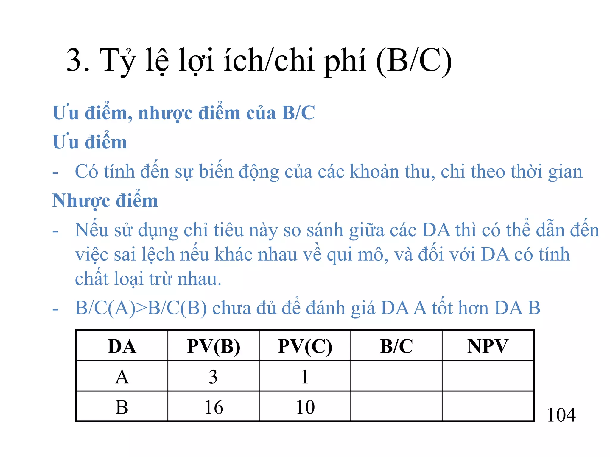 104
3. Tỷ lệ lợi ích/chi phí (B/C)
Ưu điểm, nhược điểm của B/C
Ưu điểm
- Có tính đến sự biến động của các khoản thu, chi theo thời gian
Nhược điểm
- Nếu sử dụng chỉ tiêu này so sánh giữa các DA thì có thể dẫn đến
việc sai lệch nếu khác nhau về qui mô, và đối với DA có tính
chất loại trừ nhau.
- B/C(A)>B/C(B) chưa đủ để đánh giá DAA tốt hơn DA B
DA PV(B) PV(C) B/C NPV
A 3 1
B 16 10
 