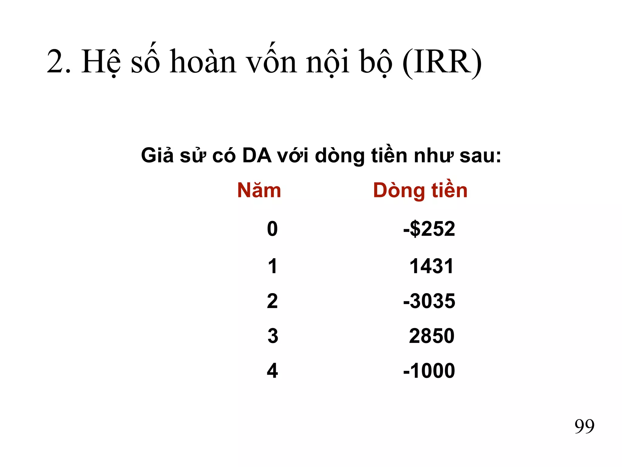 99
2. Hệ số hoàn vốn nội bộ (IRR)
Giả sử có DA với dòng tiền như sau:
Năm Dòng tiền
0 -$252
1 1431
2 -3035
3 2850
4 -1000
 
