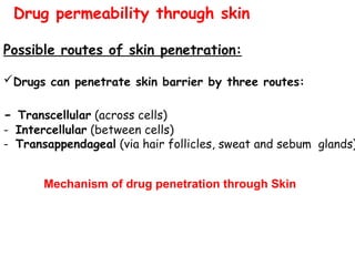 Drug permeability through skin
Possible routes of skin penetration:
Drugs can penetrate skin barrier by three routes:
- Transcellular (across cells)
- Intercellular (between cells)
- Transappendageal (via hair follicles, sweat and sebum glands)
Mechanism of drug penetration through Skin
 