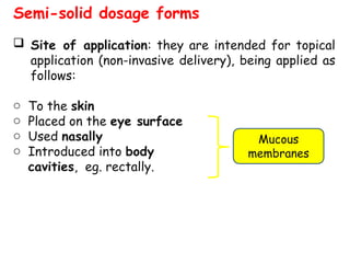 Semi-solid dosage forms
 Site of application: they are intended for topical
application (non-invasive delivery), being applied as
follows:
o To the skin
o Placed on the eye surface
o Used nasally
o Introduced into body
cavities, eg. rectally.
Mucous
membranes
 