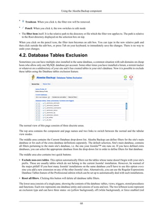 Using the Akeeba Backup component


•
      Trashcan. When you click it, the filter row will be removed.

•     Pencil. When you click it, the row switches to edit mode

• The filter item itself. It is the relative path to the directory or file which the filter row applies to. The path is relative
  to the Root directory displayed on the selection box on top.

When you click on the pencil icon, the filter item becomes an edit box. You can type in the new relative path and
then click outside the edit box, or press Tab on your keyboard, to immediately save the changes. There is no way to
undo your changes.

4.2. Database Tables Exclusion
Sometimes you can have multiple sites installed in the same database, a common situation with sub-domains on cheap
hosts who allow only one MySQL database per account. Some other times you have installed a forum, a torrent tracker
or whatever on a subdirectory of your site and it has created tables in your site's database. Now it is possible to exclude
these tables using the Database tables exclusion feature.




The normal view of this page consists of three discrete areas.

The top area contains the component and page names and two links to switch between the normal and the tabular
view modes.

The middle area contains the Current Database drop-down list. Akeeba Backup can define filters for the site's main
database or for each of the extra database definitions separately. The default selection, Site's main database, contains
all filters pertaining to the main site's database, i.e. the one your Joomla!™ site runs on. If you have defined extra
databases, you can select the appropriate database from the drop-down list in order to define filters for that database.

The middle area also contains two quick buttons:

• Exclude non-core tables. This option automatically filters out the tables whose name doesn't begin with your site's
  prefix. These are usually tables which do not belong to the current Joomla! installation. However, be warned of
  the major pitfall! If you host many Joomla! installations on the same database you'll have to use this option every
  time you add a new extension on any of the other Joomla! sites. Alternatively, you can use the Regular Expressions
  Database Tables feature of the Professional edition which can be set up to automatically deal with such installations.

• Reset all filters. Clicking this button will delete all database table filters.

The lower area consists of a single pane, showing the contents of the database: tables, views, triggers, stored procedures
and functions. Each row represents one database entity and consists of icons and text. The two leftmost icons represent
an exclusion type and can have three states: on (yellow background), off (white background), or force enabled (red




                                                              68
 