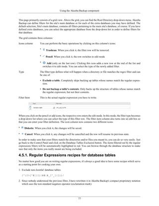 Using the Akeeba Backup component


This page primarily consists of a grid view. Above the grid, you can find the Root Directory drop-down menu. Akeeba
Backup can define filters for the site's main database or for each of the extra databases you may have defined. The
default selection, Site's main database, contains all filters pertaining to the main site's database, of course. If you have
defined extra databases, you can select the appropriate database from the drop-down list in order to define filters for
that database.

The grid contains three columns:

Icons column         You can perform the basic operations by clicking on this column's icons:

                     •
                            Trashcan. When you click it, the filter row will be removed.

                     •     Pencil. When you click it, the row switches to edit mode

                     •      Add (only on the last row). Clicking this icon adds a new row at the end of the list and
                         switches it to edit mode. You can select the type of the newly added filter.

Type                 The filter type defines what will happen when a directory or file matches the regex filter and can
                     be one of:

                     • Exclude a table. Completely skips backing up tables whose names match the regular expres-
                       sion.

                     • Do not backup a table's contents. Only backs up the structure of tables whose names match
                       the regular expression, but not their contents.

Filter Item          This is the actual regular expression you have to write.




When you click on the pencil or add icons, the respective row enters the edit mode. In this mode, the filter type becomes
a drop-down list where you can select the type of this filter row. The filter item column also turns into an edit box so
that you can enter your filter definition. The icon column now contains two different icons:

•      Diskette. When you click it, the changes will be saved.

•      Cancel. When you click it, any changes will be cancelled and the row will resume its previous state.

In order to make sure that your filters match the directories and/or files you meant to, you can do so very easily. Just
go back to the Control Panel and click on the Database Tables Exclusion button. The items filtered out by the regular
expressions filters will be automatically highlighted in red. You can browse through the database structure to make
sure that only the items you really meant are being excluded.

4.5.1. Regular Expressions recipes for database tables
No matter how good you are on writing regular expressions, it's always a good idea to have some recipes which serve
as a starting point for cooking your own.

1. Exclude non-Joomla! database tables:

    /^(?>[^#]{1}|##|#_[^_]{1})/

2. Since nobody understood the previous filter, I have rewritten it in Akeeba Backup's compact proprietary notation
   which uses the non-standard negation operator (exclamation mark):




                                                            77
 