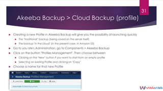 Akeeba Backup > Cloud Backup (profile)
 Creating a new Profile in Akeeba Backup will give you the possibility of launchin...