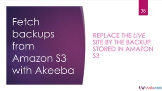 Fetch
backups
from
Amazon S3
with Akeeba
REPLACE THE LIVE
SITE BY THE BACKUP
STORED IN AMAZON
S3
38
 