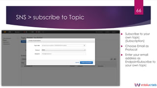 SNS > subscribe to Topic
 Subscribe to your
own topic
(Subscription)
 Choose Email as
Protocol
 Enter your email
addres...