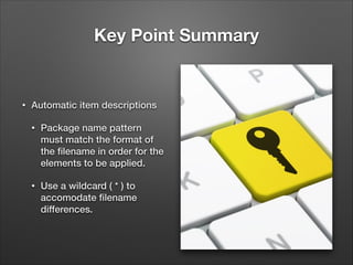 Key Point Summary

•

Automatic item descriptions
•

Package name pattern
must match the format of
the ﬁlename in order for the
elements to be applied.

•

Use a wildcard ( * ) to
accomodate ﬁlename
differences.

 