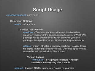 Script Usage
./releasemaker.sh command
Command Options:	
packit package type
Package Type Options:
developer - Creates a package with a version based on
repository revision; if the package already exists, a WORKING
package will be created so as to not overwrite your dev
packages. Multiple ﬁles stored in tools/packages/developer
release version - Creates a package ready for release. Single
ﬁle stored in /tools/packages/release. Only one zip is created
since ARM will upload all zip ﬁles it ﬁnds.
Version Options
1.0.0.a/b/rc - a = alpha; b = beta; rc = release
candidate and anything else = stable
releaseit - Invokes ARM to create new release on your site

 