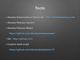 Tools
•

Akeeba Subscriptions (Optional) - http://akeebabackup.com

•

Akeeba Release System

•

Akeeba Release Maker
https://github.com/akeeba/releasemaker

•

Git - http://github.com

•

Custom shell script
https://github.com/devkardia/jdayhou13

 