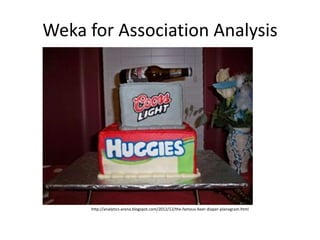 Weka for Association Analysis
http://analytics-arena.blogspot.com/2012/12/the-famous-beer-diaper-planogram.html
 