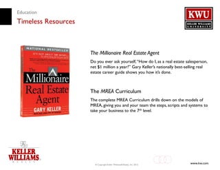 Education
Timeless Resources



                     The Millionaire Real Estate Agent
                     Do you ever ask yourself, “How do I, as a real estate salesperson,
                     net $1 million a year?” Gary Keller’s nationally best-selling real
                     estate career guide shows you how it’s done.



                     The MREA Curriculum
                     The complete MREA Curriculum drills down on the models of
                     MREA, giving you and your team the steps, scripts and systems to
                     take your business to the 7th level.




                       © Copyright Keller Williams® Realty, Inc. 2012
                                                                             www.kw.com
 