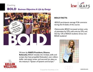 Coaching
BOLD       Business Objective: A Life by Design


                                                                          BOLD FACTS:

                                                                          •BOLD participants average 9.56 contracts
                                                                          during the 8 weeks of the course.

                                                                          •Nationwide, BOLD increased written units
                                                                          of attendees by 57%, sold units by 27%, and
                                                                          GCI by 13% of BOLD students versus non
                                                                          BOLD students!




            Written by MAPS President, Dianna
            Kokoszka, BOLD includes the mindset, skills and
            scripts that have propelled Kokoszka's own million-
            dollar real estate career and secured her place as
            the industry's "Queen of Systems and Scripts."



                                       © Copyright Keller Williams® Realty, Inc. 2012
                                                                                                           www.kw.com
 