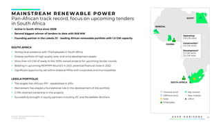 44
▪ Active in South Africa since 2008
▪ Second biggest winner of tenders to date with 848 MW
▪ Founding partner in the Lekela JV – leading African renewable portfolio with 1.0 GW capacity
SOUTH AFRICA
▪ Strong local presence with 73 employees in South Africa
▪ Diverse portfolio of high quality solar and wind development assets
▪ More than 4.5 GW of ready to bid, 100% owned projects for upcoming tender rounds
▪ Bidding in upcoming REIPPPP Round 5 in 2021, potential financial close in 2022
▪ Significant opportunity set within bilateral PPAs with corporates and municipalities
LEKELA PORTFOLIO
▪ The largest Pan-African IPP – established in 2014
▪ Mainstream has played a foundational role in the development of the portfolio
▪ 5-13% retained ownership in the projects
▪ Successfully brought in equity partners including IFC and Rockefeller Brothers
MAINS TREAM RENEWABLE POWER
Pan-African track record, focus on upcoming tenders
in South Africa
SOUTH AFRICA
GHANA
SENEGAL
EGYPT
Onshore wind
Offshore wind
Solar
Employees
Key market
New market
Office
Operating1
0.8 GW wind
Construction1
0.3 GW wind
Development1
3.1 GW wind
2.5 GW solar
73
1
Source: Mainstream Renewable Power
1. Gross capacity
 