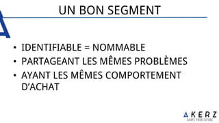 UN BON SEGMENT
•  IDENTIFIABLE = NOMMABLE
•  PARTAGEANT LES MÊMES PROBLÈMES
•  AYANT LES MÊMES COMPORTEMENT
D’ACHAT
 