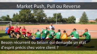 Market	
  Push,	
  Pull	
  ou	
  Reverse	
  
Besoin	
  récurrent	
  ou	
  besoin	
  qui	
  demande	
  un	
  état	
  
d’esprit	
  précis	
  chez	
  votre	
  client	
  ?	
  
 