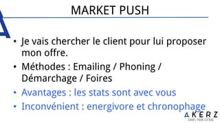 MARKET PUSH
•  Je vais chercher le client pour lui proposer
mon offre.
•  Méthodes : Emailing / Phoning /
Démarchage / Foires
•  Avantages : les stats sont avec vous
•  Inconvénient : energivore et chronophage
 