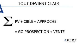 TOUT DEVIENT CLAIR
PV	
  +	
  CIBLE	
  +	
  APPROCHE	
  	
  	
  
	
  
=	
  GO	
  PROSPECTION	
  +	
  VENTE	
  
 