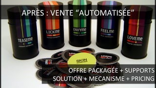 APRÈS	
  :	
  VENTE	
  “AUTOMATISÉE”	
  
OFFRE	
  PACKAGÉE	
  +	
  SUPPORTS	
  
SOLUTION	
  +	
  MECANISME	
  +	
  PRICING	
  
 