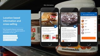 Location based
information and
cross-selling
With bluepath® iBeacon technology
notifications can be triggered based on
the location of the user.
Increase customer satisfaction
Stimulate impulsive purchase
Better customer experience
Rich informations Contextualised content Smart cross selling
 