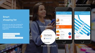 Smart 
shopping list
Customers can plan their shopping list
in advance and navigate through the
store using the list while getting smart
suggestions.
Integrated with directions
Cloud sync between multiple devices
Suggest additional products while navigating
Smart shopping list Your shopping list directions
Smart suggestion
Shared shopping list
 