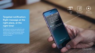 Targeted notification:
Right message at the
right place, at the
right time!
Profile
Data
Social Network 
informations
User Position 
within the venue
+ +
Notifications can be more effective with
the seamless integration with 3rd party
systems such as a recommender system
merging profile data, social networks
and user location.
 