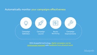Automatically monitor your campaigns effectiveness
Campaign
Definition
Campaign
Launch
Results 
Monitoring
Campaign
Improvements
With bluepath® technology, digital campaigns can be
continuously improved with feedbacks from physical world
 
