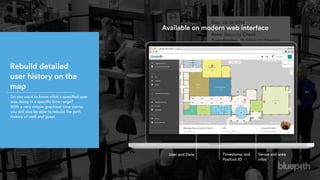 Day: 23/12/2014
Time: 13:23
Area: Security Check
Coordinates 15.0355:25.054650
Available on modern web interface
Rebuild detailed
user history on the
map
Do you want to know what a specified user
was doing in a specific time range?
With a very simple graphical time stamp,
you will also be able to rebuild the path
history of staff and guest.
User and Date Timestamp and
Position ID
Venue and area
infos
 