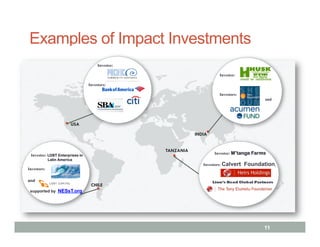 Examples of Impact Investments
                                      Investee:

                                                                        Investee:

                                 Investors:

                                                                        Investors:
                                                                                            and




                         USA

                                                             INDIA


                                                  TANZANIA
 Investee: LGBT Enterprises in                                       Investee: M’tanga Farms
             Latin America
                                                                Investors: Calvert   Foundation,
Investors:

and                                                                  Lion’s Head Global Partners
                                  CHILE
 supported by NESsT.org




                                                                                           11
 