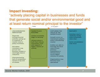 Impact Investing:
     “actively placing capital in businesses and funds
     that generate social and/or environmental good and
     at least return nominal principal to the investor”




Source: Monitor Institute, 2009                   7
 