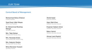 General Council (Cont)
Prof. Dr. Muhammad
Afzal
National Director Health Services
Engineer Sabir Ahmed
National Director Diagnostic
Network
Zaigham Moughira
National Director Education
Rashid Dawood Bukhari
National Director Clean Water
Shakir Siddiqui
National Director Orphan Care
Program
OUR TEAM
Khalid Waqas Chamqani
President KPK Region
Dr. Riaz Ahmad
President AJK Region
Habib-ur-Rehman
President Gilgit Baltistan Region
Molana Waheed Gul
President FATA Region
Fazal Mahmood
National Director Disaster Management
Jamshaid Ali Khan
National Director Mawakhat
Program
Amir Mahmood Cheema
National Director Community
Services
 