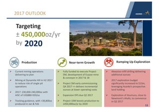 Ø Current	mining	operations	
delivering	to	plan
Ø Mining	at	Dynamite	Hill	in	H2	2017	
to	reduce	risk	of	single	pit	
operations
Ø 2017:	230,000-240,000oz	with	
AISC	of	US$880-920/oz
Ø Tracking	guidance,	with	+38,800oz	
produced	in	Jan	&	Feb
Targeting
± 450,000oz/yr
by 2020
Ø Akwasiso infill	drilling	delivering	
additional	ounces
Ø 2017	exploration	budget	
significantly	increased	to	$13m,	
leveraging	Asanko’s prospective	
land	holding
Ø Exploration	of	Asumura,	close	to	
Newmont’s	Ahafo,	to	commence	
in	Q2	2017
Ramping	Up	ExplorationProduction	
Ø Fully	funded	to	execute	Project	
5M,	development	of	Esaase	mine	
&	conveyor	in	2017	&	18
Ø Project	5M	early	commissioning	
Q4	2017	=>	delivers	incremental	
ounces	at	lower	operating	costs
Ø Expansion	DFS	due	Q2	2017
Ø Project	10M	boosts	production	to	
±450,000oz/yr by	2020
Near-term	Growth
2017	OUTLOOK
11
 