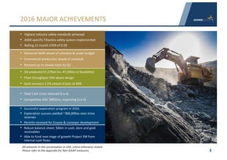 • Delivered	AGM	ahead	of	schedule	&	under	budget
• Commercial	production	ahead	of	schedule	
• Ramped	up	to	steady-state	by	Q2
3
2016	MAJOR	ACHIEVEMENTS
• Highest	industry	safety	standards	achieved
• AGM-specific	Fihankra	safety	system	implemented
• Rolling	12	month	LTIFR	of	0.20
• Q4	produced	57,178oz	(vs.	47,500oz	in	feasibility)
• Plant	throughput	20%	above	design
• Gold	recovery	1.5%	ahead	of	plan	at	94%
• Total	Cash	Costs	reduced	Q-o-Q
• Competitive	AISC	$893/oz,	improving	Q-o-Q
• Robust	balance	sheet:	$66m	in	cash,	dore	and	gold	
receivables
• Able	to	fund	next	stage	of	growth	Project	5M	from	
internal	cash	flows
• Successful	exploration	program	in	2016
• Exploration	success	yielded	~300,000oz	near	mine	
reserves
• Permits	received	for	Esaase &	conveyor	development
All	amounts	in	this	presentation	in	US$,	unless	otherwise	stated.
Please	refer	to	the	appendix	for	Non-GAAP	measures.
 