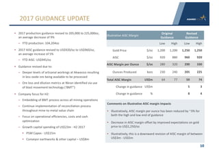 • 2017	production	guidance	revised	to	205,000	to	225,000oz,	
an	average	decrease	of	9%
– YTD	production:	104,204oz	
• 2017	AISC	guidance	revised	to	US$920/oz to	US$960/oz,	
an	average	increase	of	5%
– YTD	AISC:	US$945/oz
• Guidance	revised	due	to:
– Deeper	levels	of	artisanal	workings	at	Akwasiso resulting	
in	less	oxide	ore	being	available	to	be	processed
– Ore	loss	and	dilution	metrics	at	Nkran identified	via	use	
of	blast	movement	technology	(‘BMT”)
• Company	focus	for	H2:
– Embedding	of	BMT	process	across	all	mining	operations	
– Continue	implementation	of	reconciliation	process	
throughout	mine-to-metal	value	chain
– Focus	on	operational	efficiencies,	costs	and	cash	
optimization
– Growth	capital	spending	of	US$23m	- H2	2017
• P5M	Capex	- US$15m
• Conveyor	earthworks	&	other	capital	– US$8m
10
2017	GUIDANCE	UPDATE
Illustrative	AISC	Margin
Original	
Guidance
Revised	
Guidance
Low High Low High
Gold	Price $/oz 1,200 1,200 1,250 1,250
AISC $/oz 920 880 960 920
AISC	Margin	per	Ounce $/oz 280 320 290 330
Ounces	Produced kozs 230 240 205 225
Total	AISC	Margin US$m 64 77 59	 74	
Change	in	guidance US$m 5 3
Change	in	guidance %	 8 4	
Comments	on	Illustrative	AISC	margin	impacts
• Illustratively,	AISC	margin	per	ounce	has	been	reduced	by	~3%	for	
both	the	high	and	low	end	of	guidance
• Decrease	in	AISC	margin	offset	by	improved	expectations	on	gold	
price	to	US$1,250/oz
• Illustratively,	this	is	a	downward	revision	of	AISC	margin	of	between	
US$3m	- US$5m
 
