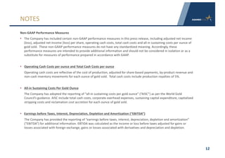 Non-GAAP	Performance	Measures
• The	Company	has	included	certain	non-GAAP	performance	measures	in	this	press	release,	including	adjusted	net	income	
(loss),	adjusted	net	income	(loss)	per	share,	operating	cash	costs,	total	cash	costs	and	all-in	sustaining	costs	per	ounce	of	
gold	sold.		These	non-GAAP	performance	measures	do	not	have	any	standardized	meaning.	Accordingly,	these	
performance	measures	are	intended	to	provide	additional	information	and	should	not	be	considered	in	isolation	or	as	a	
substitute	for	measures	of	performance	prepared	in	accordance	with	GAAP.	
• Operating	Cash	Costs	per	ounce	and	Total	Cash	Costs	per	ounce
Operating	cash	costs	are	reflective	of	the	cost	of	production,	adjusted	for	share-based	payments,	by-product	revenue	and	
non-cash	inventory	movements	for	each	ounce	of	gold	sold.		Total	cash	costs	include	production	royalties	of	5%.
• All-in	Sustaining	Costs	Per	Gold	Ounce	
The	Company	has	adopted	the	reporting	of	“all-in	sustaining	costs	per	gold	ounce”	(“AISC”)	as	per	the	World	Gold	
Council’s	guidance.	AISC	include	total	cash	costs,	corporate	overhead	expenses,	sustaining	capital	expenditure,	capitalized	
stripping	costs	and	reclamation	cost	accretion	for	each	ounce	of	gold	sold.
• Earnings	before	Taxes,	Interest,	Depreciation,	Depletion	and	Amortization	(“EBITDA”)
The	Company	has	provided	the	reporting	of	“earnings	before	taxes,	interest,	depreciation,	depletion	and	amortization”	
(“EBITDA”)	for	additional	information.	EBTIDA	was	calculated	as	the	income	or	loss	before	taxes	adjusted	for	gains	or	
losses	associated	with	foreign	exchange,	gains	or	losses	associated	with	derivatives	and	depreciation	and	depletion.
12
NOTES
 