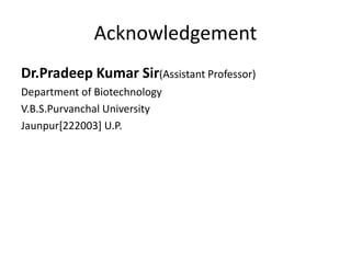 Acknowledgement
Dr.Pradeep Kumar Sir(Assistant Professor)
Department of Biotechnology
V.B.S.Purvanchal University
Jaunpur[222003] U.P.
 