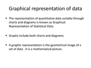 Graphical representation of data
 The representation of quantitative data suitably through
charts and diagrams is known as Graphical
Representation of Statistical Data.
 Graphs include both charts and diagrams.
 A graphic representation is the geometrical image of a
set of data . It is a mathematical picture .
 