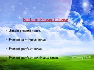 Parts of Present Tense

• Simple present tense.

• Present continuous tense.

• Present perfect tense.

• Present perfect continuous tense.
 