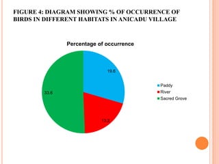 FIGURE 4: DIAGRAM SHOWING % OF OCCURRENCE OF
BIRDS IN DIFFERENT HABITATS IN ANICADU VILLAGE
19.6
13.2
33.6
Percentage of occurrence
Paddy
River
Sacred Grove
 