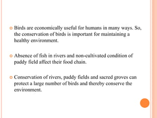  Birds are economically useful for humans in many ways. So,
the conservation of birds is important for maintaining a
healthy environment.
 Absence of fish in rivers and non-cultivated condition of
paddy field affect their food chain.
 Conservation of rivers, paddy fields and sacred groves can
protect a large number of birds and thereby conserve the
environment.
 