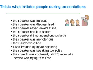 This is what irritates people during presentations


      • the speaker was nervous
      • the speaker was disorganised
      • the speaker never looked at me
      • the speaker had bad accent
      • the speaker did not sound enthusiastic
      • the speaker was monotonous
      • the visuals were bad
      • I was irritated by his/her clothing
      • the speaker was speaking too softly
      • the speech was confused; I didn’t know what
         he/she was trying to tell me
 