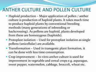 ANTHER CULTURE AND POLLEN CULTURE
 Haploid production – Major application of pollen / anther
culture is production of haploid plants. It takes much time
to produce haploid plants by conventional breeding
methods (many generations of inbreeding or
backcrossing). As pollens are haploid, plants developed
from these are homozygous (haploids).
 Protoplast isolation – Used for protoplast isolation as single
pollens (unicellular) are available.
 Transformation – Used in transgenic plant formation, it
can be done with less time consumption.
 Crop improvement – In-vitro anther culture is used for
improvement in vegetable and cereal crops e.g. asparagus,
sweet pepper, watermelon, cabbage, broccoli, wheat etc.
 