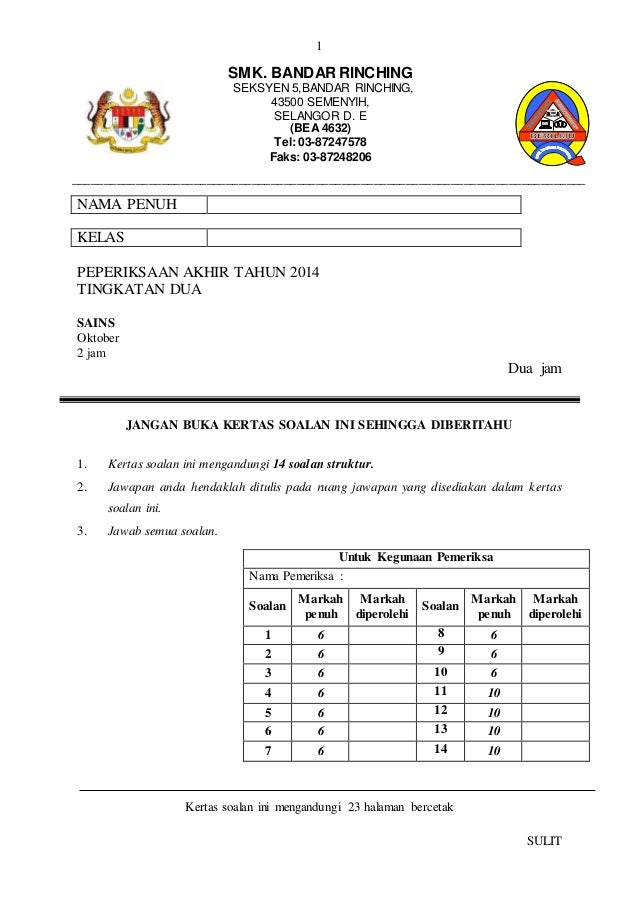 Akhir Tahun Sains Tingkatan 2