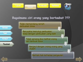 Tidak memandang remeh 
perbuatan dosa 
Berusaha menutup perbuatan 
dosa dengan perbuatan yang baik 
Tidak senang jika melihat orang 
lain berbuat dosa 
Bergaul dengan orang-orang yang 
shaleh 
Berhati-hati terhadap pergaulan 
 