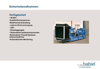 Sicherheitsmaßnahmen Verfügbarkeit 99,95% Ausfall-Rechenzentrum Multihomed-Anbindung externe Stromversorgung USV Dieselaggregate Redundante Systemkomponenten Redundante Firewall-Systeme unterschiedlicher Automatisches Monitoring     