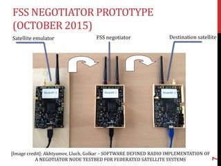 FSS NEGOTIATOR PROTOTYPE
(OCTOBER 2015)
Satellite emulator FSS negotiator Destination satellite
[Image credit]: Akhtyamov, Lluch, Golkar – SOFTWARE DEFINED RADIO IMPLEMENTATION OF
A NEGOTIATOR NODE TESTBED FOR FEDERATED SATELLITE SYSTEMS
7
 