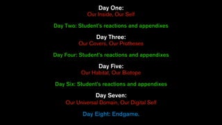 Day One:
Our Inside, Our Self
Day Two: Student’s reactions and appendixes
Day Three:
Our Covers, Our Protheses
Day Four: Student’s reactions and appendixes
Day Five:
Our Habitat, Our Biotope
Day Six: Student’s reactions and appendixes
Day Seven:
Our Universal Domain, Our Digital Self
Day Eight: Endgame.
 
