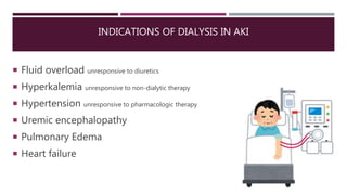 INDICATIONS OF DIALYSIS IN AKI
 Fluid overload unresponsive to diuretics
 Hyperkalemia unresponsive to non-dialytic therapy
 Hypertension unresponsive to pharmacologic therapy
 Uremic encephalopathy
 Pulmonary Edema
 Heart failure
 