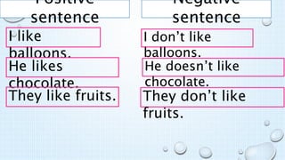 Positive
sentence
Negative
sentence
I like
balloons.
I don’t like
balloons.
He likes
chocolate.
He doesn’t like
chocolate.
They like fruits. They don’t like
fruits.
 