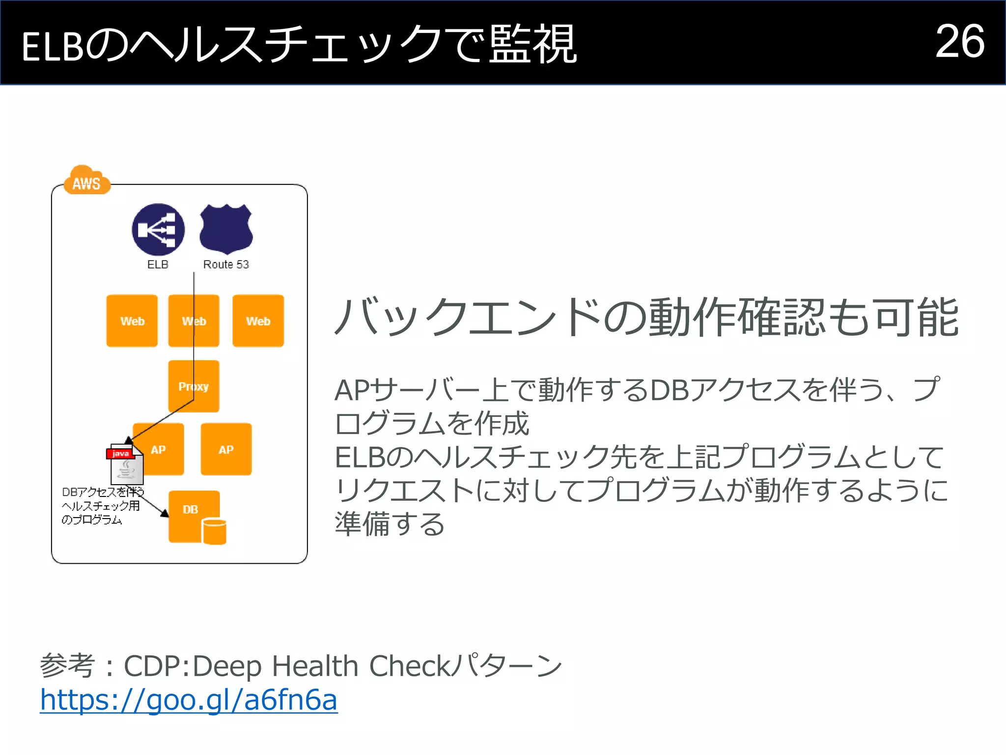 26ELBのヘルスチェックで監視
参考：CDP:Deep Health Checkパターン
https://goo.gl/a6fn6a
バックエンドの動作確認も可能
APサーバー上で動作するDBアクセスを伴う、プ
ログラムを作成
ELBのヘルスチェック先を上記プログラムとして
リクエストに対してプログラムが動作するように
準備する
 