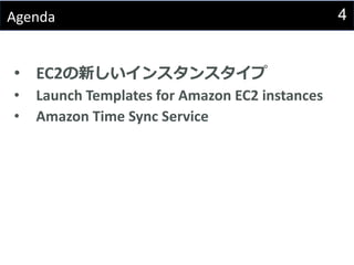 4Agenda
• EC2の新しいインスタンスタイプ
• Launch Templates for Amazon EC2 instances
• Amazon Time Sync Service
 